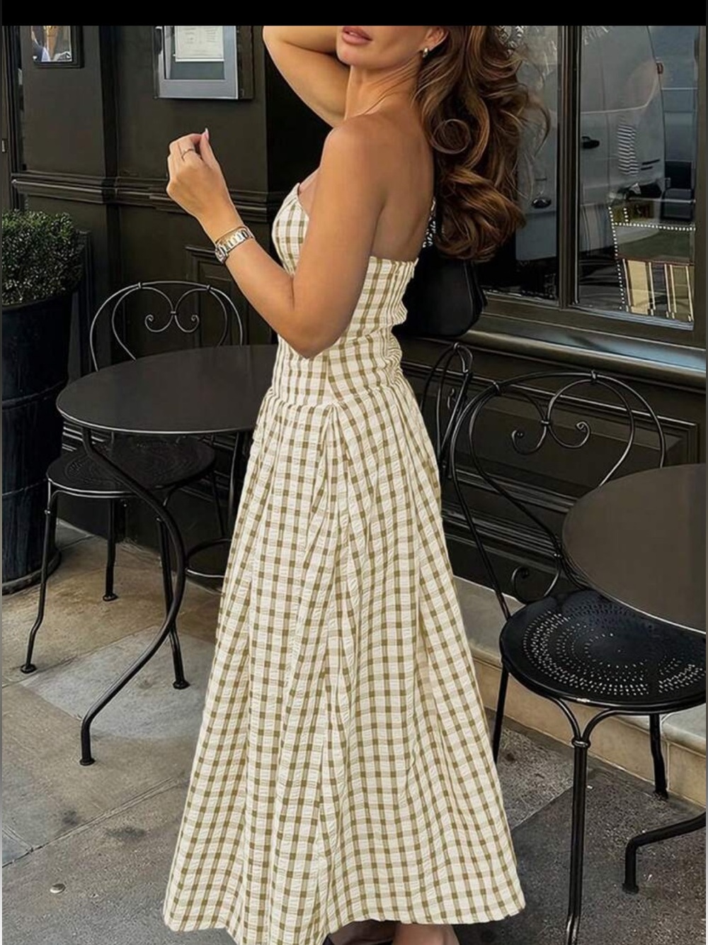 Strapless Gingham checkered Maxi Dress - Cream & tan - Picture 4 of 7